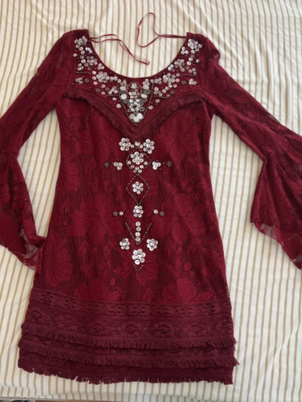 Free People Burgundy Embellished Bell Sleeve Crochet Mini Dress Size 6